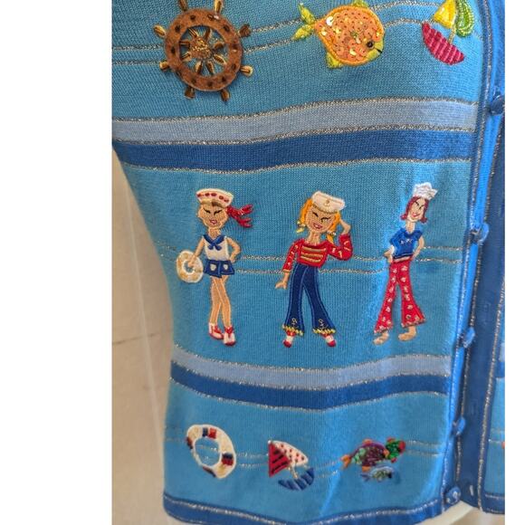 Jack B Quick blue striped nautical pattern cardigan sweater womens size medium - Picture 6 of 11